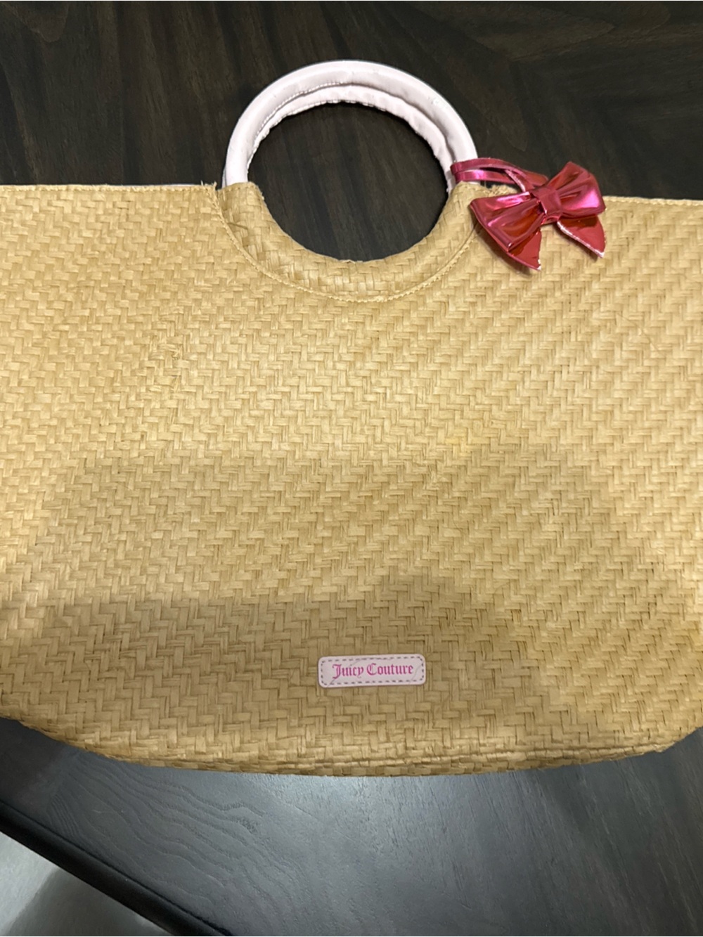 Juicy Couture Tan Straw Tote with White Handles and Pink Bow